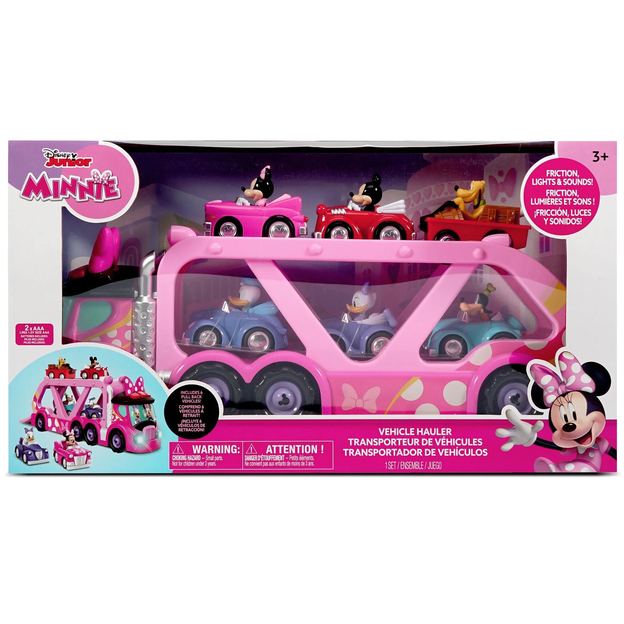 Disney Junior Minnie Mouse Vehicle Hauler with 6 Character Pullback Cars